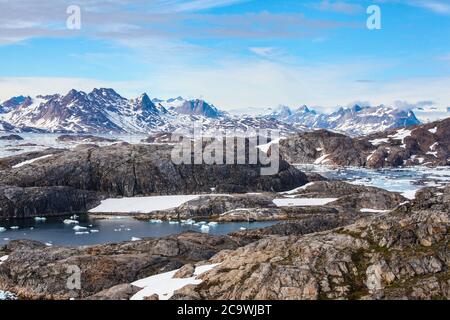 Kulusuk Island and Kulusuk village, East Greenland Stock Photo