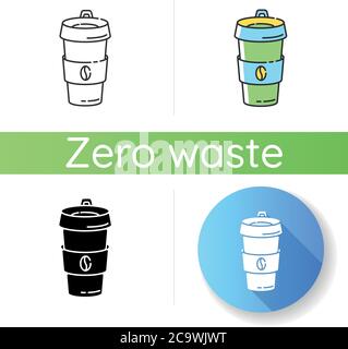 Reusable coffee cup icon. Linear black and RGB color styles. Biodegradable container for drinks. Coffee break, responsible consumption. Paper cup with Stock Vector
