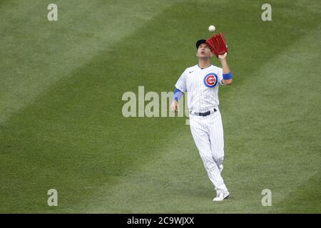 Chicago, United States. 02nd Aug, 2020. Chicago Cubs center fielder Albert Almora Jr. catches a fly ball hit by Pittsburgh Pirates second baseman Erik Gonzalez (not pictured) in the second inning at Wrigley Field on Sunday, August 2, 2020 in Chicago. Photo by Kamil Krzaczynski/UPI Credit: UPI/Alamy Live News Stock Photo