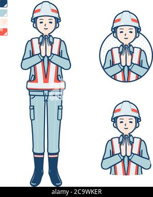 A Man wearing workwear with press hands in prayer images. It's vector art so it's easy to edit. Stock Vector