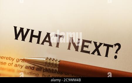 What's next words printed on page and pen besides. Future plan concept Stock Photo