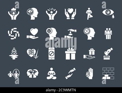 Conscious Living and Friends Relations Glyph Related Icons Set Stock Vector