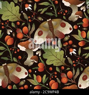 Handdrawn trendy forest mushroom and butterfly background. Seamless vector pattern. Floral autumn design in a flat style with oak leaves, berries and moth. Stock Vector