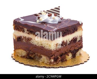 Chocolate Layered Bar Cake Isolated on White. Stock Photo