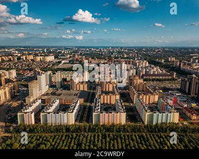 Modern residential area in Voronezh, aerial view from drone in summer day Stock Photo