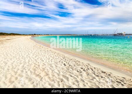 White sand at Platja de S'Alga beach in S'Espalmador, Spain Stock Photo