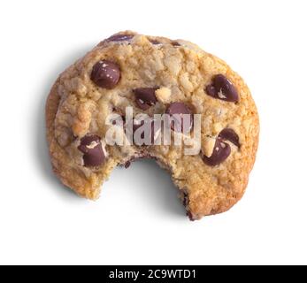Single Chocolate Chip Cookie With Bite Missing Isolated on White. Stock Photo