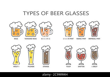 alcohol, ale, bar, beer, beverage, cartoon, colorful, drink, glass, glasses, icon, isolated, lager, light, line, liquid, mug, outline, pilsner, pint, Stock Vector