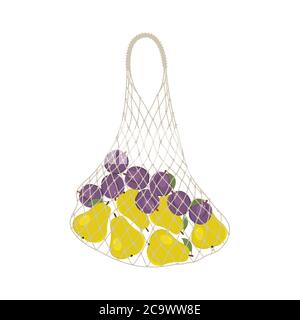 Pears and plums in a string bag. Shopping bag with fruits. Food Delivery Concept. Vector illustration on a white background Stock Vector