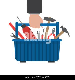 Toolbox in hand. Work tools in a blue box. There is a drill, hammer, screwdriver, wrench, pliers, ruler in the picture. Vector illustration on a white Stock Vector
