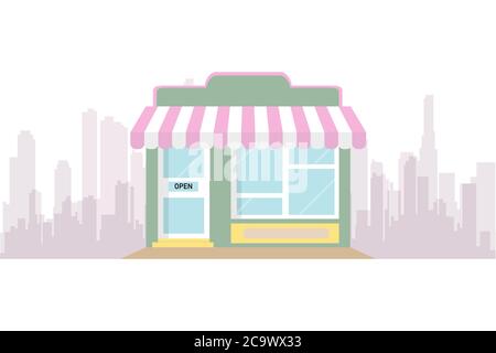 Storefront in city vector illustration, restaurant cafe or store building on town street landscape, flat cartoon style shop facade front view Stock Vector