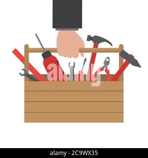 Toolbox in hand. Work tools in a wooden box. There is a drill, hammer, screwdriver, wrench, pliers, ruler in the picture. Vector illustration Stock Vector