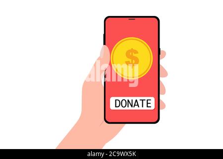 Donate online concept on transparent background. Hand holding smartphone with gold coin and button on screen.  Stock Vector