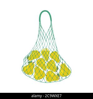 Pears in a string bag. Shopping bag with fruits. Food Delivery Concept. Vector illustration on a white background Stock Vector