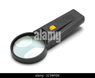 Vintage Magnifying Glass with Light Switch Isolated on White. Stock Photo