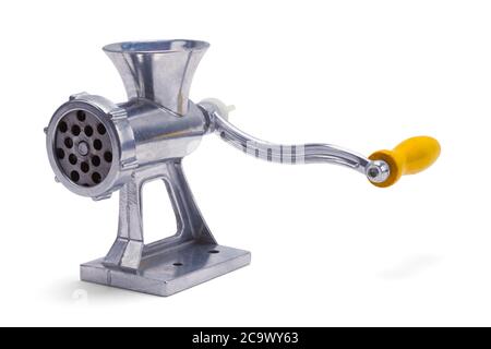 Metal Meat Grinder with Wood Handle Isolated on White. Stock Photo