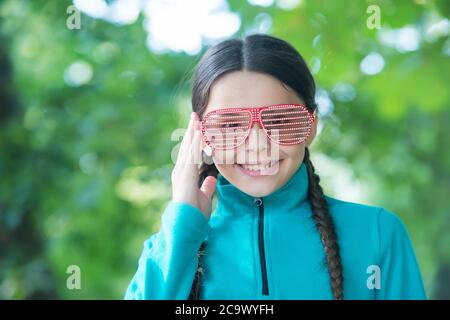Girl wear fleece jumper for active leisure nature background, having fun concept. Stock Photo
