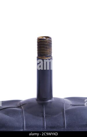 Bike Inner Tube Valve with Missing Cap Cut Out on White. Stock Photo