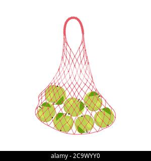 Green apples in a string bag. Shopping bag with fruits. Food Delivery Concept. Vector illustration on a white background Stock Vector