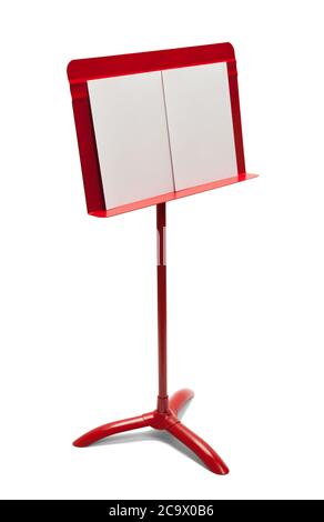 Red Music Stand with Blank Paper Isolated on White. Stock Photo
