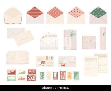 Big set of postal stamps with postage envelope and paper packages flat vector illustration isolated on white background Stock Vector