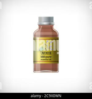 Glass container for essencial oil. Transparent brown medical bottle icon. Text Lavender 100% pure essential oil. Realistic effect. Glass bottle. Stock Vector