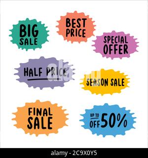 Handwritten set of SALE stickers. Best Price, Special Offer, Final Season Sale, Up to 50 Off quotes Stock Vector