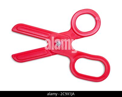 Red Plastic Toy Scissors Isolated on White. Stock Photo