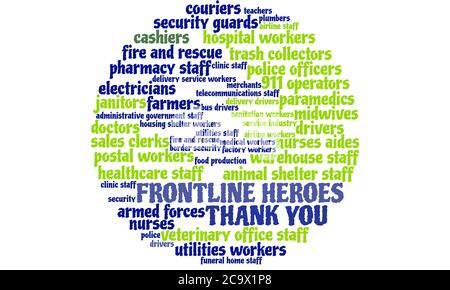 Word cloud in praise of COVID-19's essential workers forms a globe, concept for the world-wide community of frontline heroes during Coronavirus Stock Photo