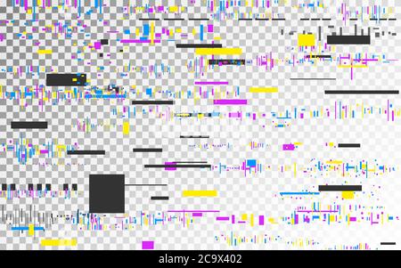 Glitch vhs background on transparent backdrop. Color distortions template. Abstract digital noise. Video no signal error. Glitched shapes. Vector Stock Vector