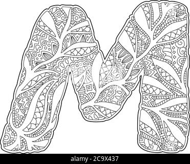 Beautiful coloring book page with stylized letter M on white background Stock Vector