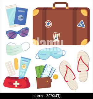 Set of travel essential objects. Passenger luggage, holiday journey, tourism and travel, planning vacation during covid social distance concept. Stock Stock Vector