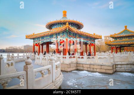 Beijing, China - Jan 11 2020: The Five-Dragon Pavilions at the north west of Beihai Park, built in Ming Dynasty used for fishing, watching fireworks,