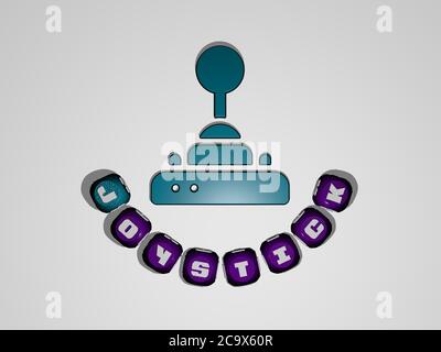 3D representation of JOYSTICK with icon on the wall and text arranged by metallic cubic letters on a mirror floor for concept meaning and slideshow presentation. game and console Stock Photo