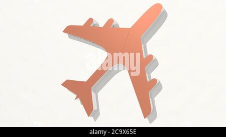 FLYING AEROPLANE from a perspective on the wall. A thick sculpture made of metallic materials of 3D rendering. illustration and background Stock Photo