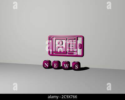 3D graphical image of news vertically along with text built by metallic cubic letters from the top perspective, excellent for the concept presentation and slideshows. illustration and background Stock Photo