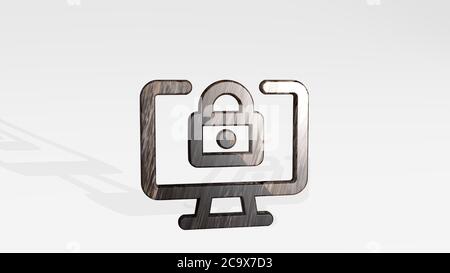DESKTOP MONITOR LOCK casting shadow from a perspective. A thick sculpture made of metallic materials of 3D rendering. background and illustration Stock Photo