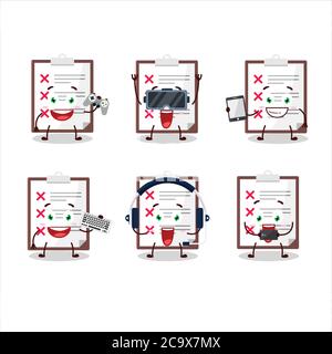 Clipboard with cross check cartoon character are playing games with various cute emoticons Stock Vector