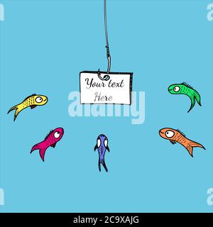 White board with inscription under the water. A board on a hook. Fishes looks at the ad. Hand drawn vector illustration. Stock Vector