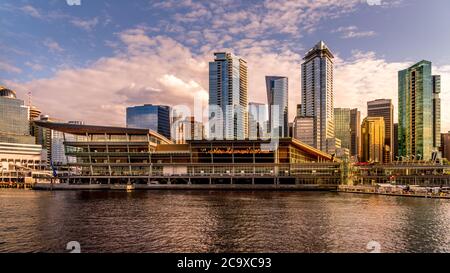 Sunset over the Float Plane Terminal at the shore of Burrard Inlet in Downtown Vancouver Stock Photo