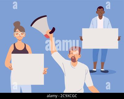 people with banners and signs are protesting, people raised fist and signs on protes vector illustration design Stock Vector