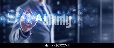Artificial intelligence concept with businessman on blurred data center background. Stock Photo