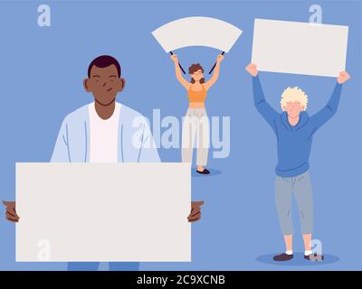 people with banners and signs are protesting, people raised fist and signs on protes vector illustration design Stock Vector