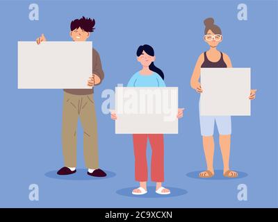 people with banners and signs are protesting, people raised fist and signs on protes vector illustration design Stock Vector
