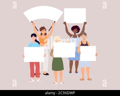 people with banners and signs are protesting, people raised fist and signs on protes vector illustration design Stock Vector