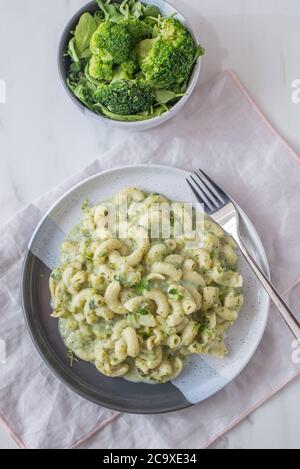 Vegan fusilli pasta salad with broccoli Stock Photo