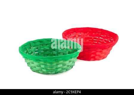 Two empty wicker baskets isolated on white background. Stock Photo
