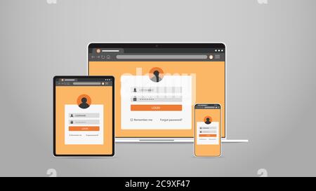 laptop tablet and smartphone screns cross platform application development adaptive user interface responsive web design horizontal vector illustration Stock Vector
