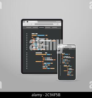 tablet and smartphone screns cross platform application development adaptive user interface responsive web design programming concept vector illustration Stock Vector