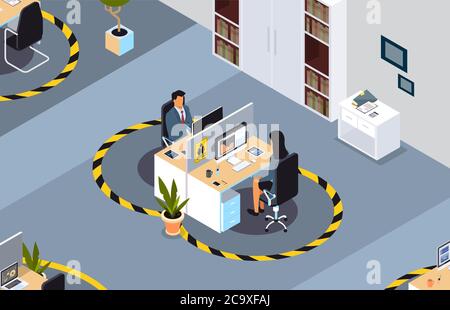 businesspeople keeping distance to prevent coronavirus pandemic social distancing concept colleagues working during quarantine in coworking area horizontal full length isometric vector illustration Stock Vector